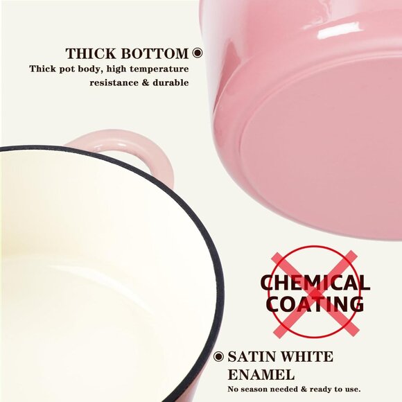 Pink Enameled Cast Iron Dutch Oven With Lid Heavy Duty Pot Overmont 5.5 Quart - Picture 9 of 10